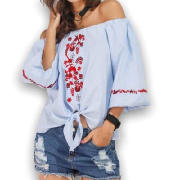 BEACHLUNCHLOUNGE OFF SHOULDER EMBROIDERED BLOUSE SIZE XS - Picture 11 of 11